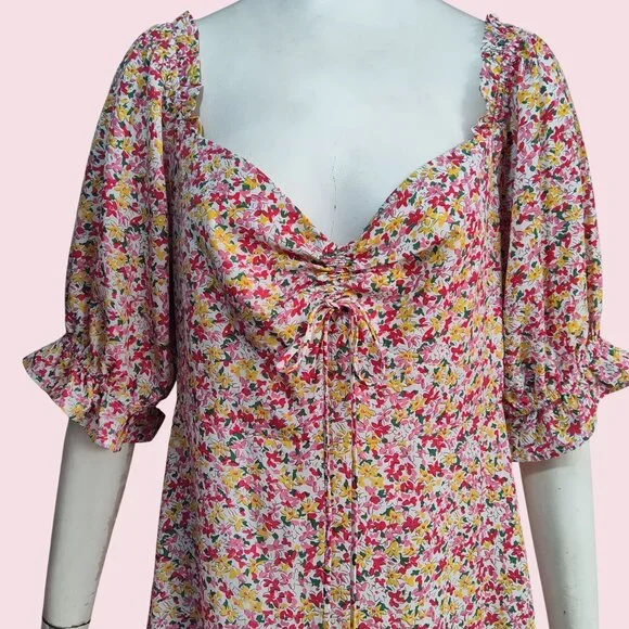 Lush Boho Ditsy Floral Smocked Back Sweetheart Neck Puff Sleeve Midi Dress Sz XL - Picture 5 of 11